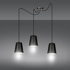 Lampadario 3 Luci Link In Acciaio Nero Cavo Lungo E Paralumi Cono Nero E Bianco