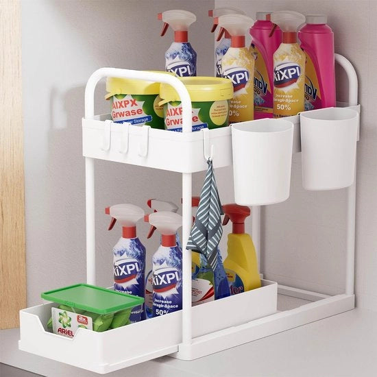 Organizzatore cucina, 2 piani, sotto lavabo, mensola con 4 ganci e 2 tazze, organizzatore multifunzionale per spezie, dispensa, organizzatore, prodotto per la pulizia, organizzatore per la cucina (bianco)