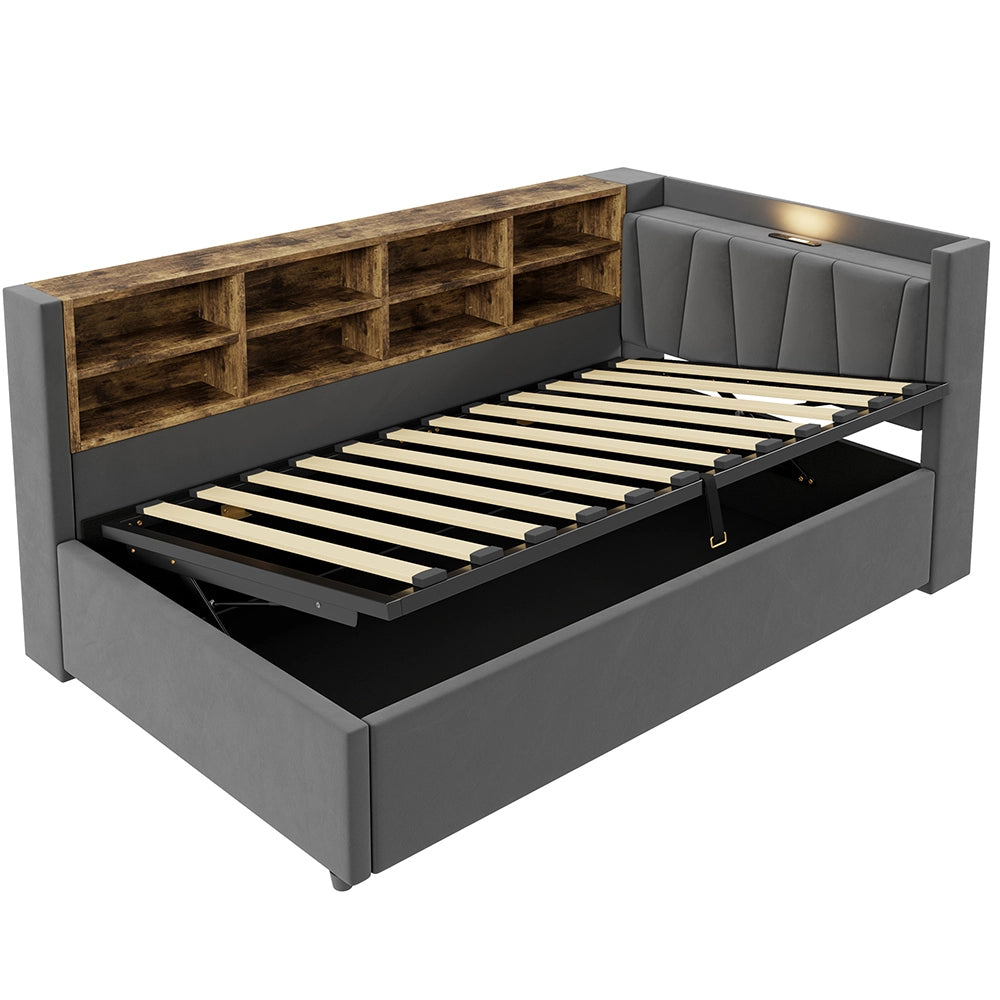 Divano letto-Xylo-90x200 cm-LED, USB-C, ripiani, velluto grigio scuro