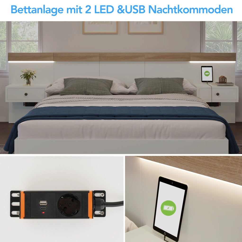 Letto matrimoniale con 2 comodini LED e USB/Type-C; 180x200 cm; bianco e rovere