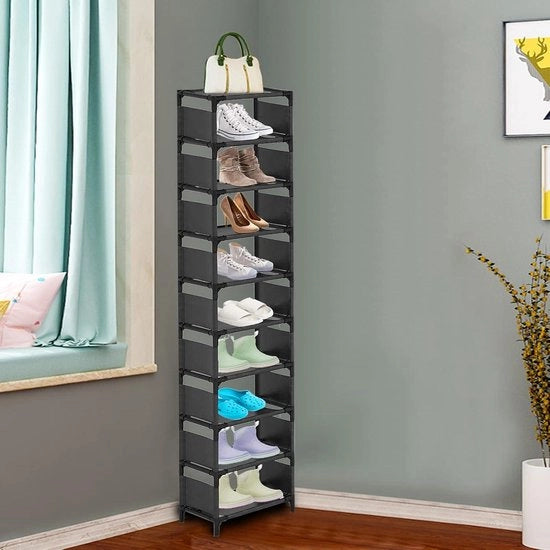 Scaffale orizzontale per 10 strati - Piastra alta e sottile per scarpe - Organizzatore di spazio per scarpe per ingresso - Singolo paio di piastra robusta per organizzatore di scarpe - Piccola area (nero) Scaffale per scarpe