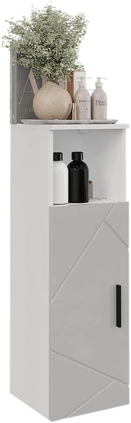 Mobiletto midi Irma, Bianco/bianco lucido, 30 x 93 cm con porta, per la conservazione di articoli da bagno e asciugamani