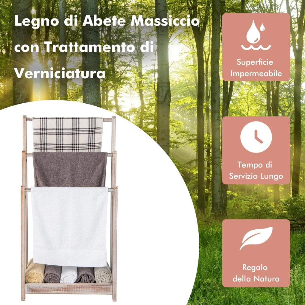 Portasciugamani in Legno da Terra, Porta Asciugamani a 3 Livelli con Mensola Inferiore, Dispositivo Anti-Ribaltamento, Supporto Leggero per Asciugamani da Bagno e Stanza Lavanderia (Bianco)