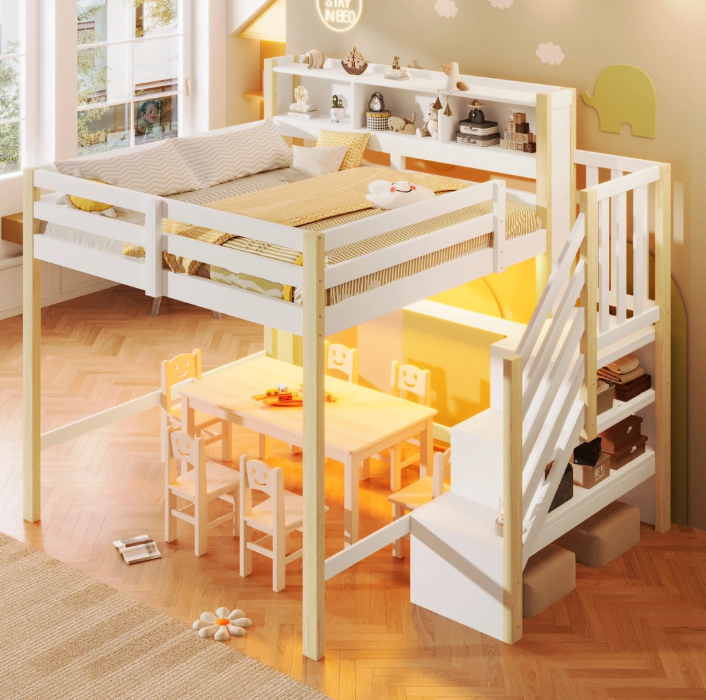 Letto a soppalco 140x200 cm con LED; scala contenitore e ringhiera; bianco e naturale