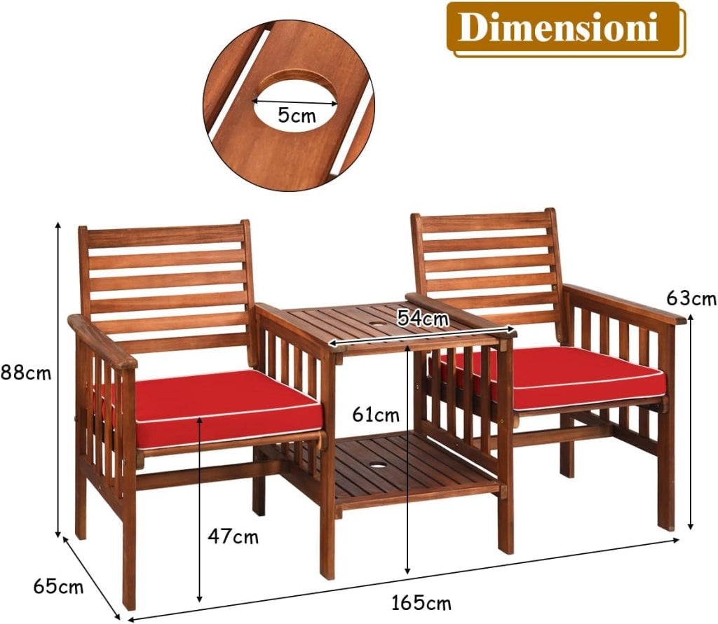 Set Tavolo e Sedia da Giardino con Foro per Ombrello, Set di Mobili a 2 Posti da Esterno in Legno di Acacia con Cuscini, per Giardino, Cortile e Bordo della Piscina (Rosso)