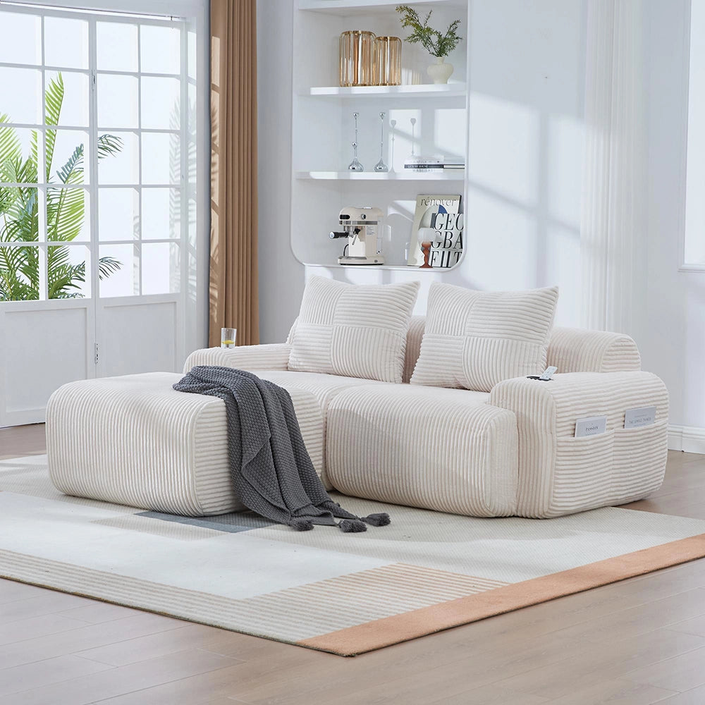 Canap¨¦ modulable in velluto costato per 2 persone - Xylo - Beige con porta-bevande e tasche laterali