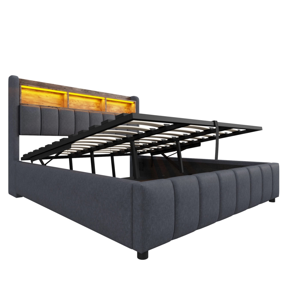 Letto matrimoniale imbottito 180x200 cm grigio con LED; USB e contenitore idraulico
