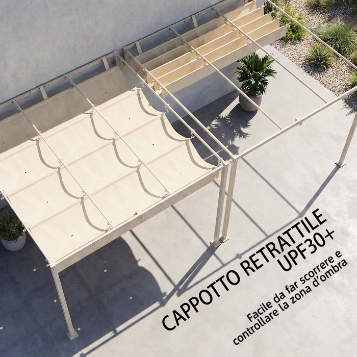 Pergola Addossata 3x3 m con Tetto Retrattile Scorrevole UV30+ e Fori di Drenaggio Beige