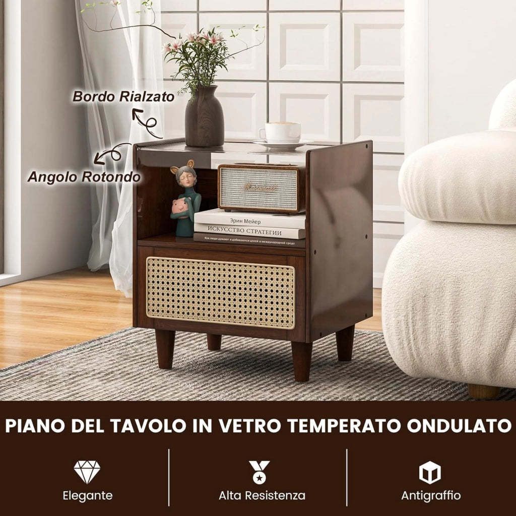 Comodino in Bambù e Rattan, Tavolino da Salotto Boho con Cassetto e Gambe in Legno Massello, Comodino Tavolino in Bambù per Camera da Letto, Soggiorno, 43 x 35 x 50 cm (2)