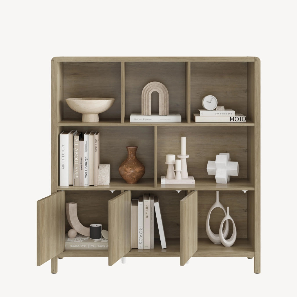 Credenza Bassa Lukkodso con 3 Ante e Scomparti Aperti 102x98x30 cm Effetto Rovere Medio Chiaro [en.casa]