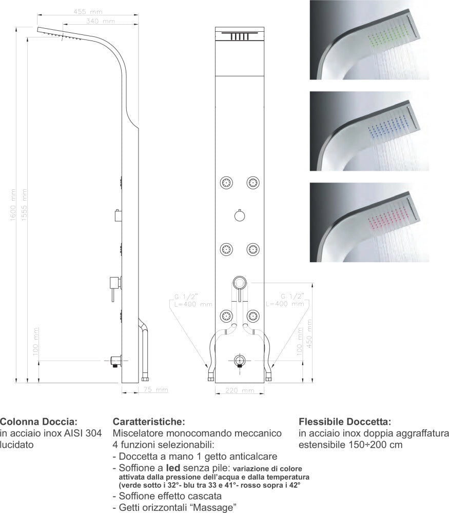 PARETE ATTREZZATA MULTIFUNZIONE MOD.  VITTORIA CON LED- Acciaio inox lucidato- METAF- pezzi 1