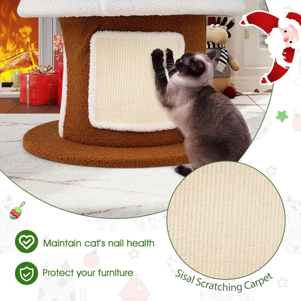 Albero di Natale per Gatti 154 cm, Tiragraffi per Gatti a 4 Livelli con Cuccia Grotta in Peluche con Palline, Piattaforma e Palla, Torre per Gatto con Rifugio, Forma di Albero di Natale