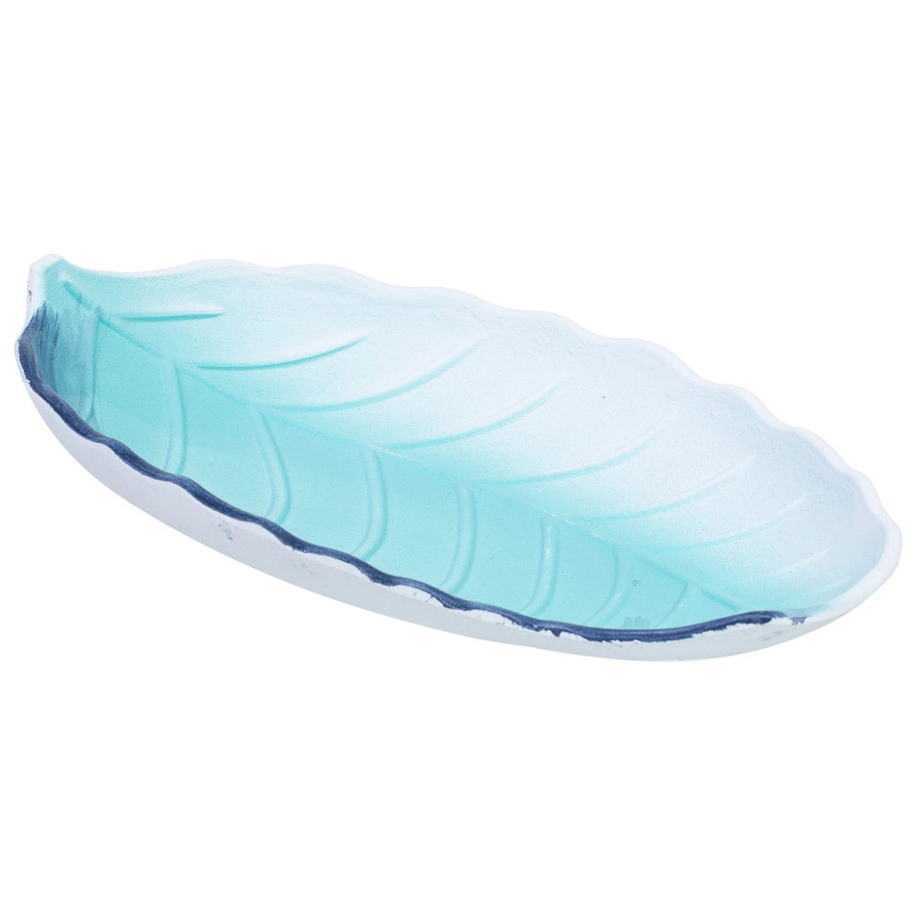 Vassoio decorativo in legno blu con foglia, 25x18x3h cm
