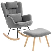 Sedia a dondolo con Poggiapiedi, Rivestimento in Pile Morbido, Gambali in Legno, Cuscino, Alto Schienale, Sedia a Dondolo, Grigio scuro