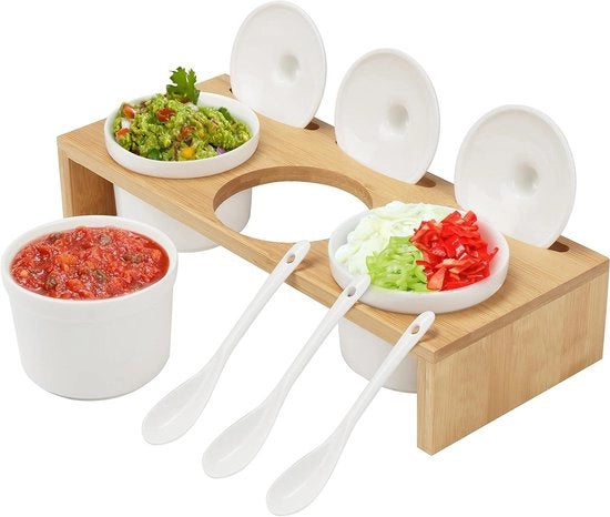 Set di contenitori per erbe ceramiche - Standard di conservazione in bambù - Salsa, salse, spezie - Sale e pepe - Casa e cucina - Adatto per uso cucina con cucchiai e coperchi