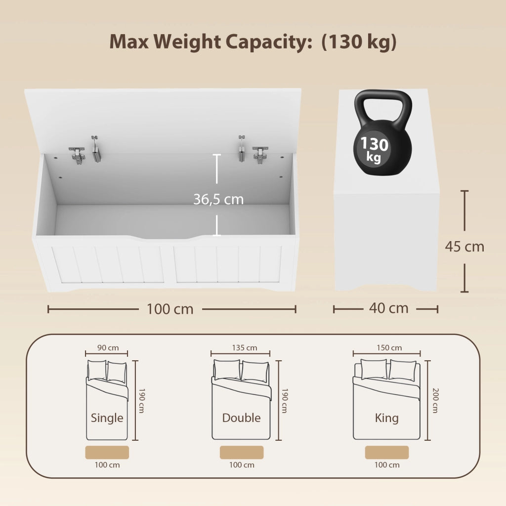 Panca Contenitore 100x40x45 cm Capacità 136L con Coperchio Sollevabile in Legno Bianca
