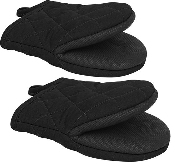 Paar corti manici per forno - manici per forno in silicone resistente a 500℉, manici per forno mini con superficie antiscivolo e chiusura per appendere per grigliare, cuocere e BBQ (nero)