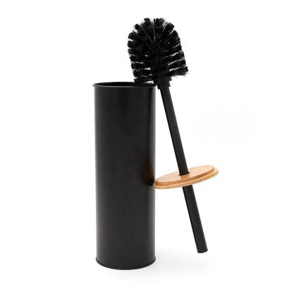 Set accessori bagno scopino e pattumiera nero in acciaio e bambù Haiti