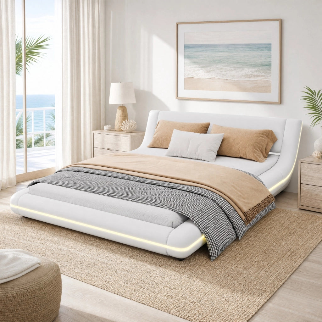 Letto a pavimento 140x200 cm con LED; in PU e MDF bianco