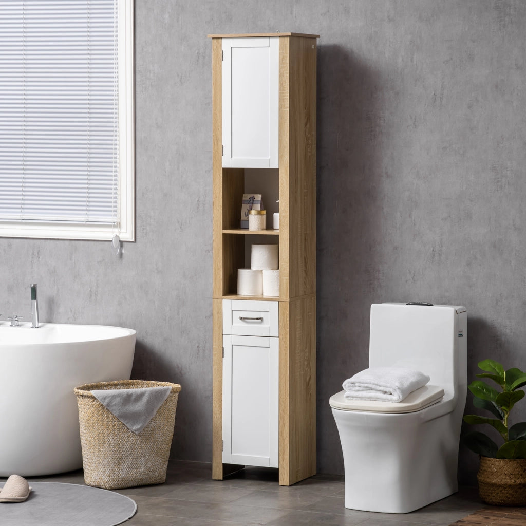 Mobile Bagno Alto in Truciolato con un Cassetto, 2 Armadietti e 2 Ripiani Aperti Regolabili, 37x30x184 cm