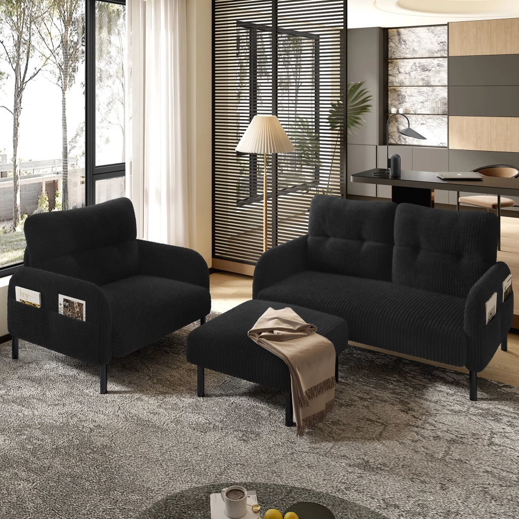 OKWISH Poggiapiedi in Velluto a Coste, Seduta Imbottita Versatile come Sgabello Ausiliario, Struttura in Metallo, Nero