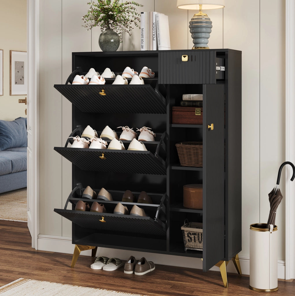 Scarpiera stretta 90x25x121 cm nera in truciolare e MDF con 3 ribalte