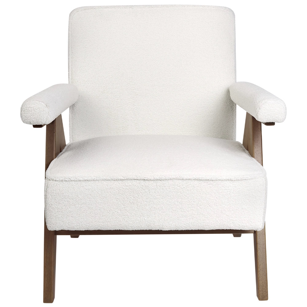 Poltrona Bianco Poliestere Tessuto Boucle Rivestimento Design Retrò Struttura in legno Braccioli Soggiorno