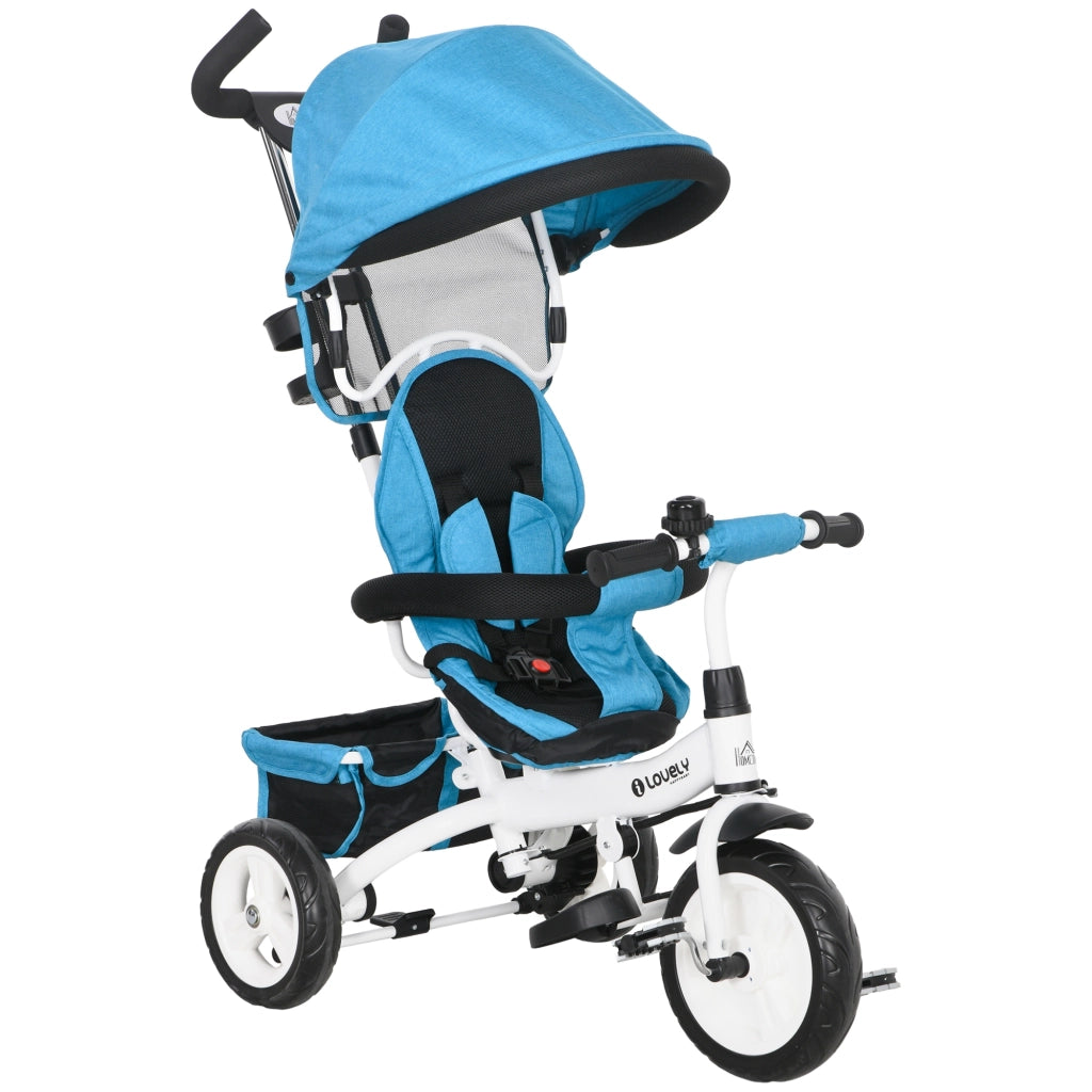 Triciclo Passeggino per Bambini con Maniglione 95x50x106 cm con Cintura di Sicurezza Blu