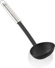 Pollepel 32 cm, soffiatore di acciaio inossidabile e nylon per cucinare senza graffi, pollepel con impugnatura ovale e lusso di appoggio pratico, cucchiaio di saucier, argento