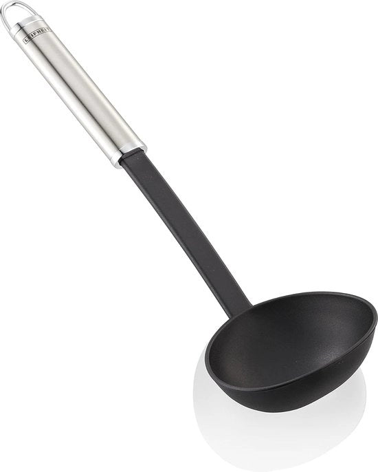 Pollepel 32 cm, soffiatore di acciaio inossidabile e nylon per cucinare senza graffi, pollepel con impugnatura ovale e lusso di appoggio pratico, cucchiaio di saucier, argento