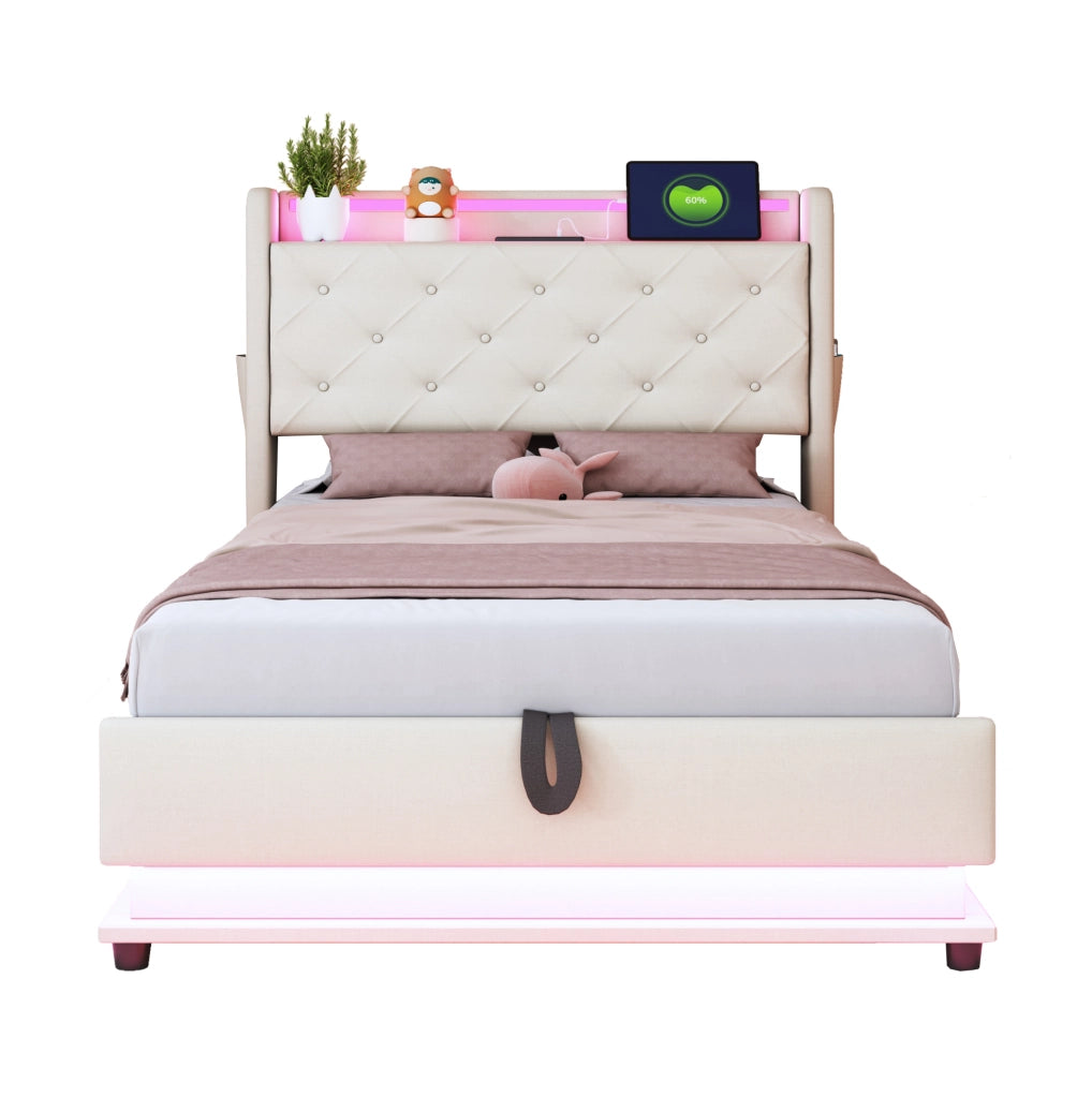 Letto imbottito per bambini 90x200 cm beige con LED e USB