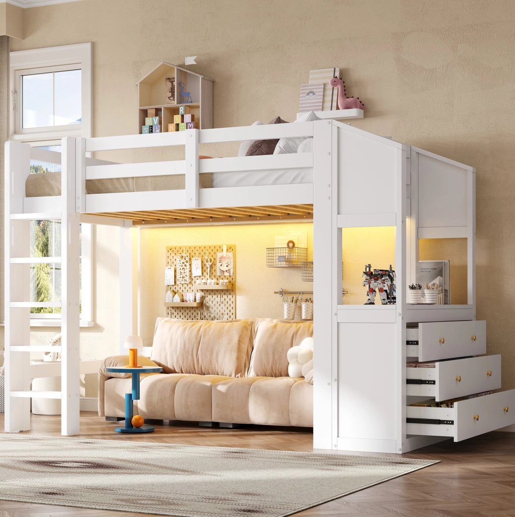 Letto a soppalco 90x200 cm bianco in legno e MDF; 6 cassetti e LED
