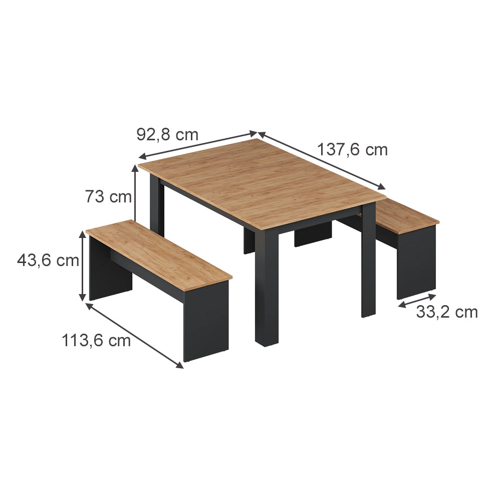 Vicco Set di tavoli da pranzo Antracite/quercia dorata 137.6 x 92.8 cm con 2 panche
