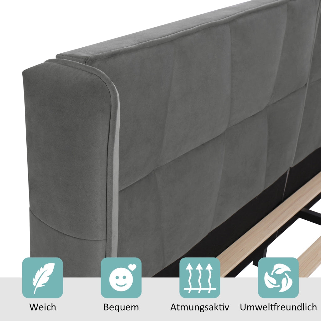 OKWISH Letto Matrimoniale 180×200 cm con Testiera Imbottita, Doghe in Legno e Piedini di Rinforzo, senza Materasso, Velluto Grigio