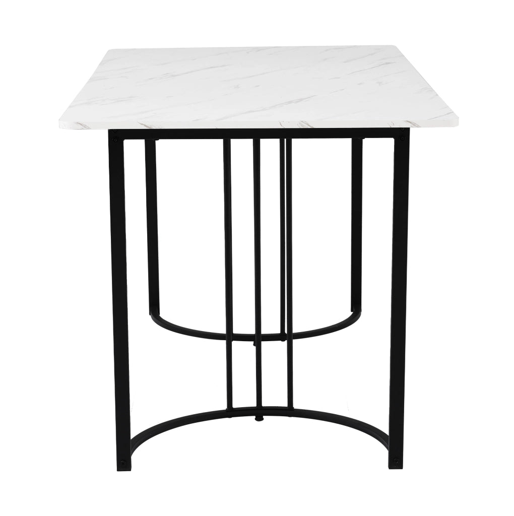Tavolo da pranzo rettangolare 140x80 cm con piano effetto marmo in MDF e struttura in metallo; bianco