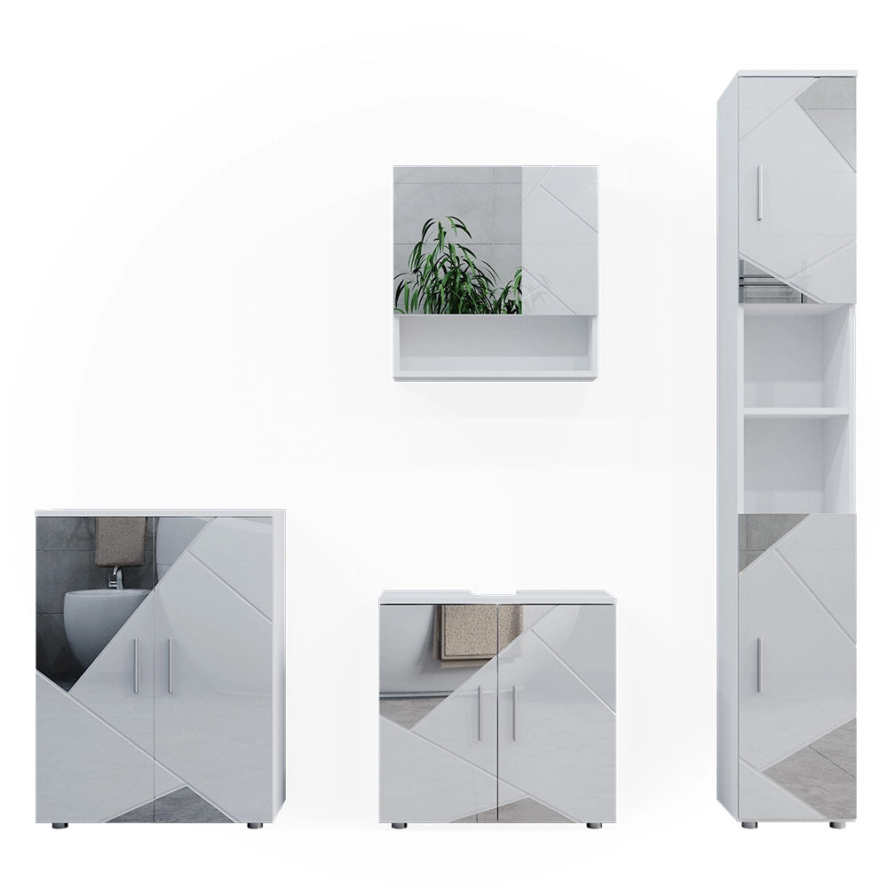 Vicco Set mobili bagno Bianco lucido con inserti 4 parti, con armadio alto e cassettiera