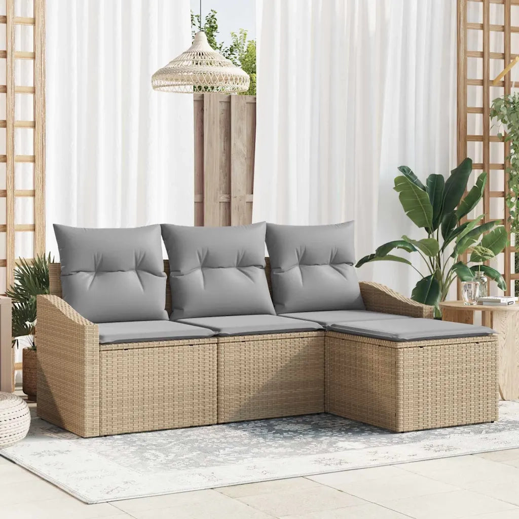 Set di divani con cuscino 4 pz | Set Salotto da Giardino Beige polyrattan