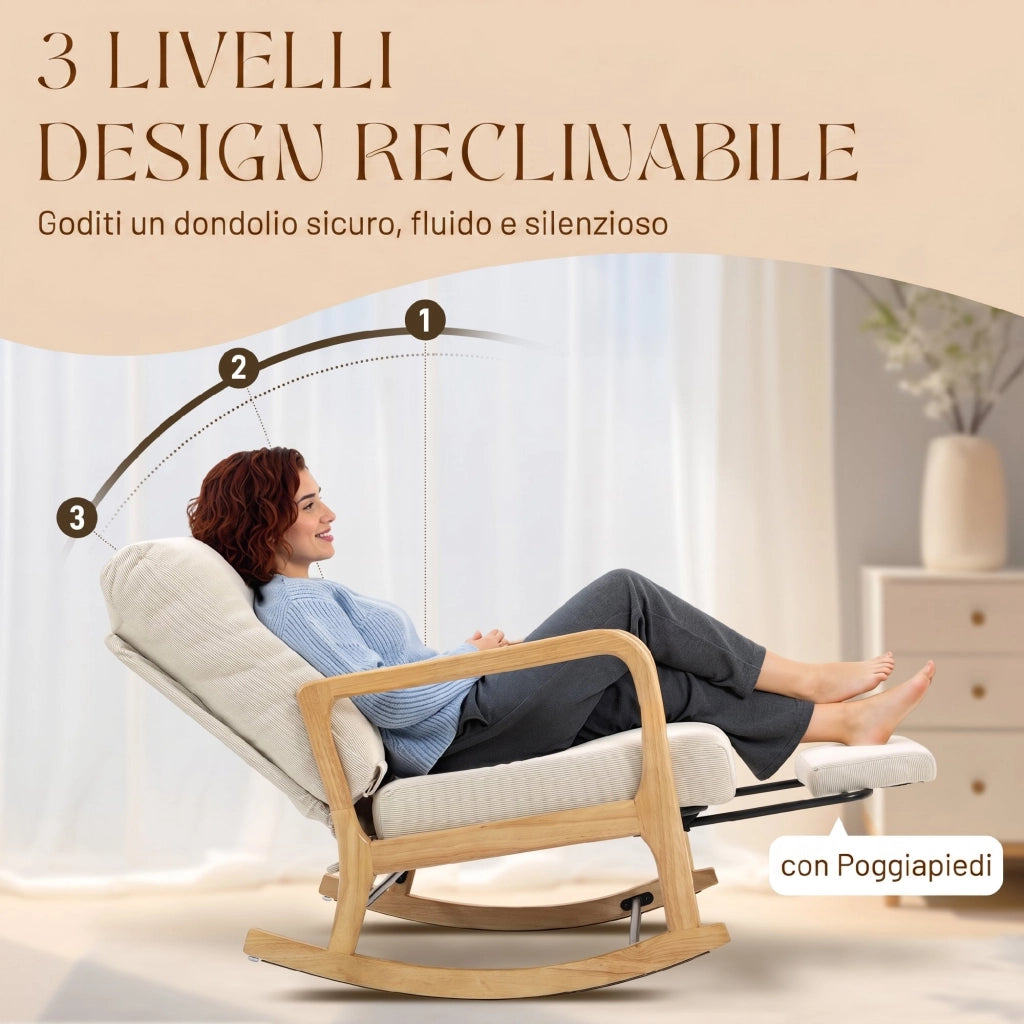Sedia a Dondolo 70x89x97,5 cm con Poggiapiedi Schienale Reclinabile in Stile Scandinavo in Velluto a Coste Crema