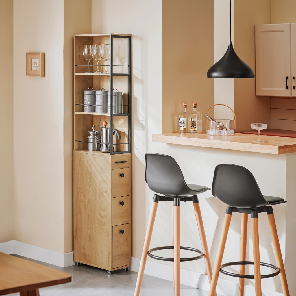 SoBuy Carrello Salvaspazio con Cassetti e Ruote, Mobiletto Multiuso per Cucina, Bagno e Lavanderia Naturale 20x40x170 cm NSR13-N
