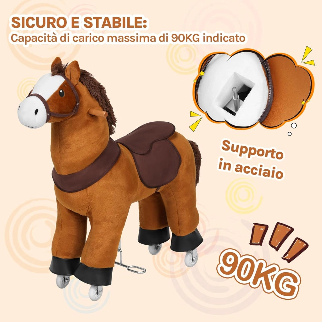 Cavallo a Dondolo su Ruote per Bambini, Cavalluccio Cavalcabile in Peluche con Suoni, per Interni ed Esterni, Giocattolo da 4 Anni, Struttura in Legno e Metallo, Marrone