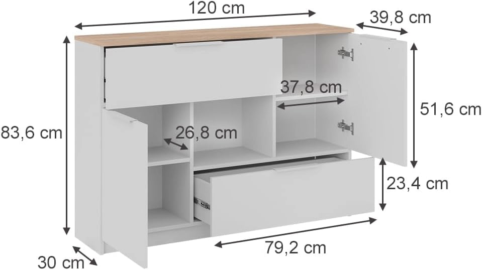 Cassettiera per camera da letto Betti, Bianco/Sonoma, 120 x 83.6 cm 2x porta, 2x cassetto e 1x scomparto aperto, per la conservazione e l'organizzazione di oggetti di uso quotidiano