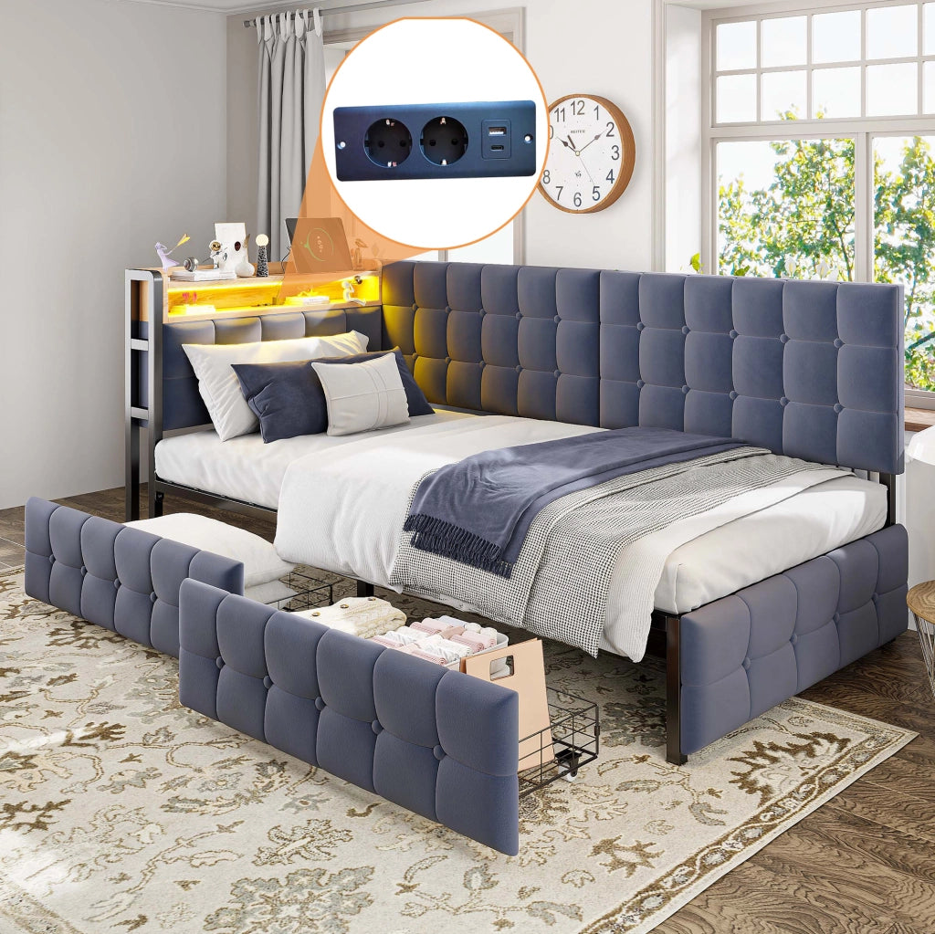 Divano letto 90x200 cm con 2 cassetti, LED, USB e USB-C in velluto grigio