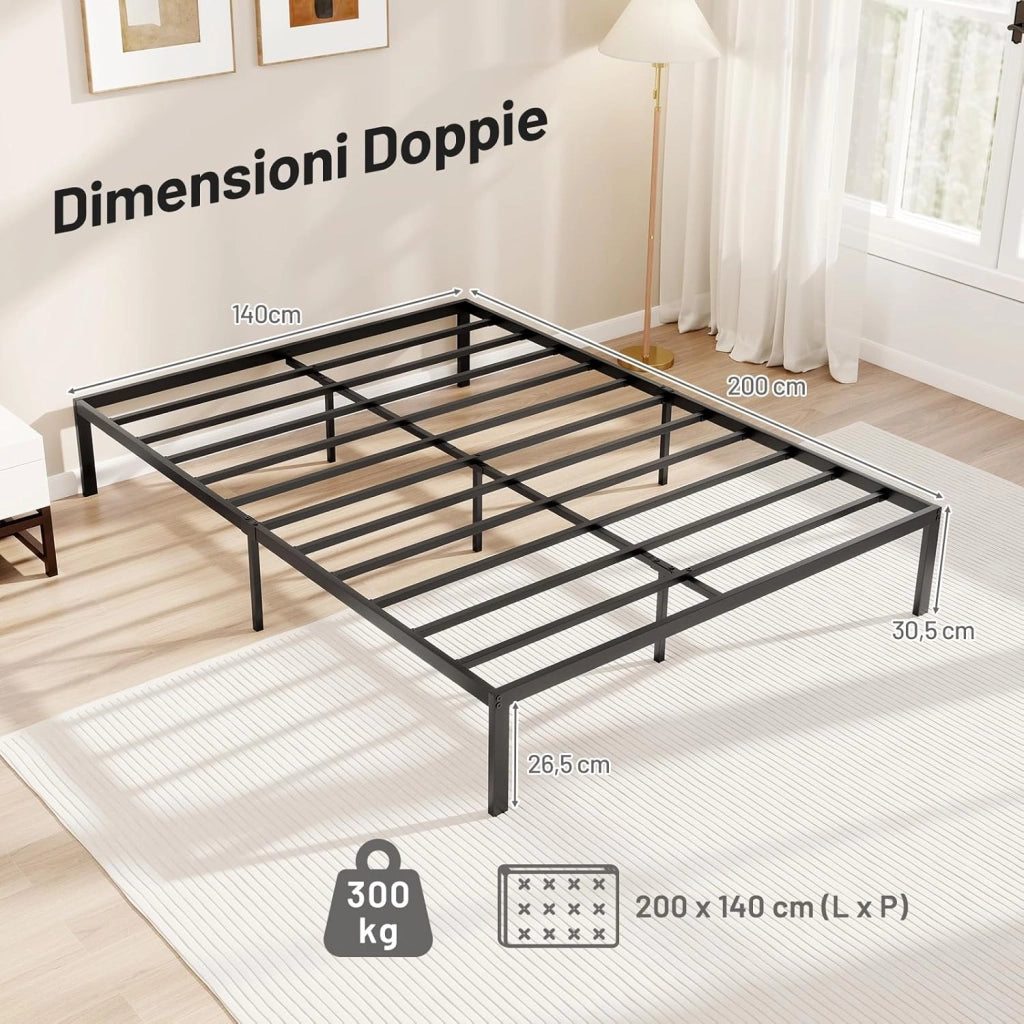 Struttura Letto 200x140cm, Letto Matrimoniale in Metallo con Doghe Resistenti, Spazio Sottostante per Conservazione, Non Serve Rete a Doghe, Silenzioso