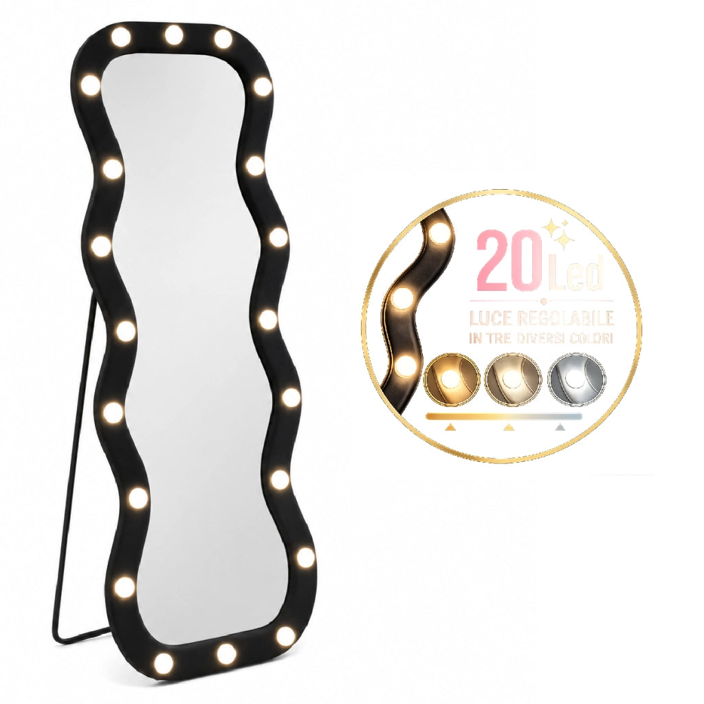 Specchio Grande Ondulato 60x160 cm con 20 Led, Cornice in Velluto Nero Moderno Accensione Touch