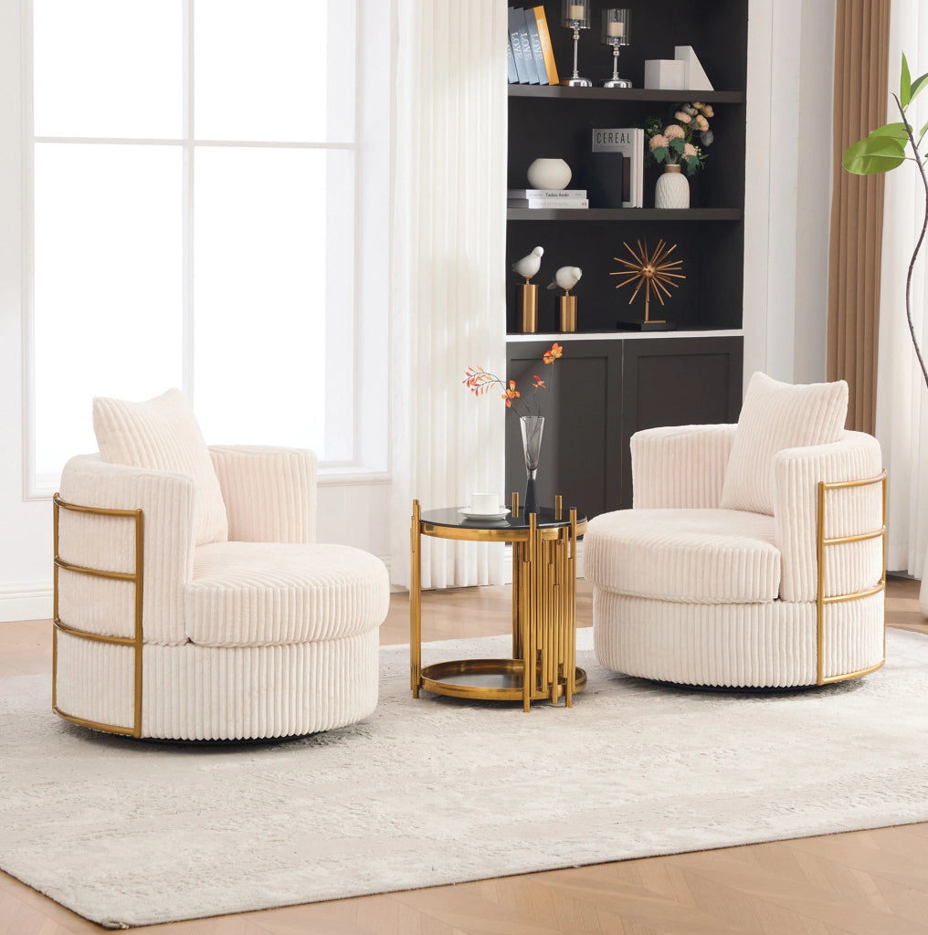Poltrona girevole 360° in tessuto cord beige con vano contenitore; 76x79x78 cm