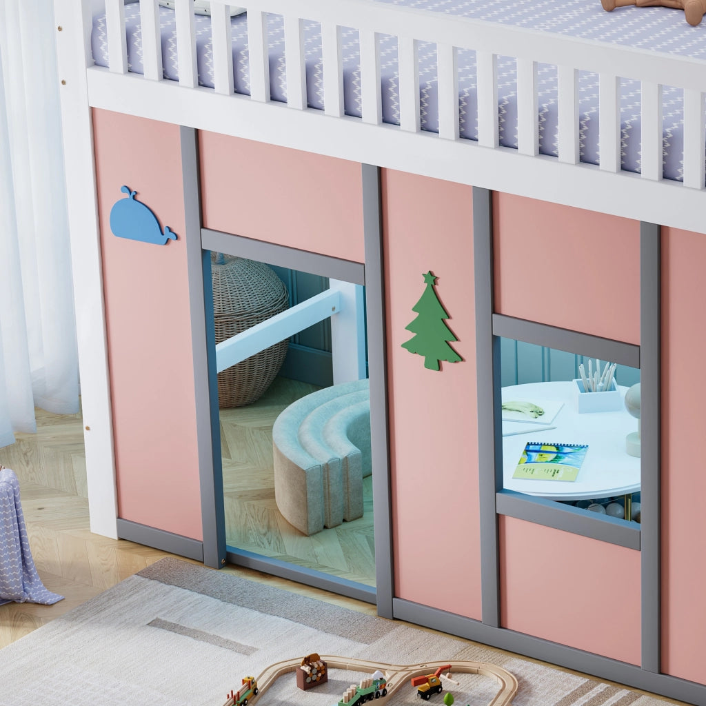 Letto rialzato per bambini 90x200 cm con scala contenitore; area gioco e LED; bianco e rosa