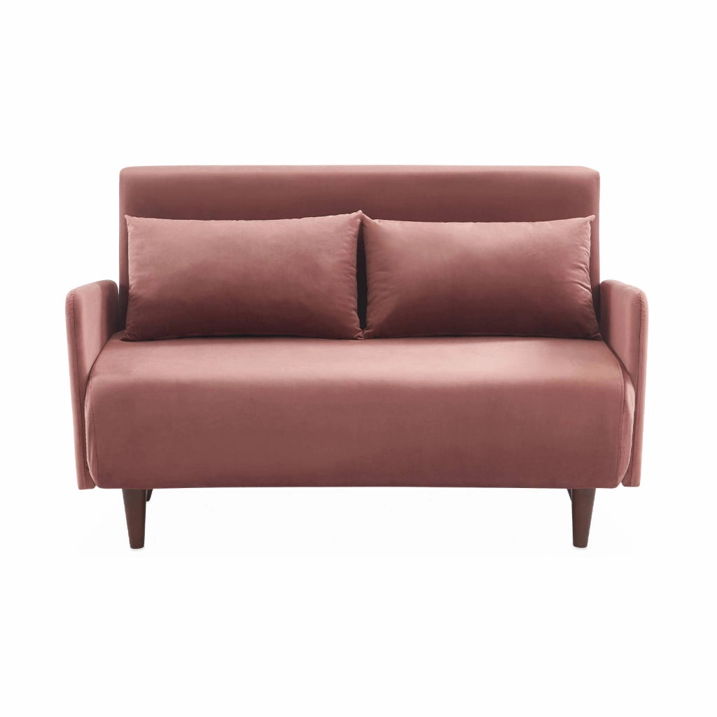 Divano letto in velluto con gambe in legno, 2 posti, rosa antico