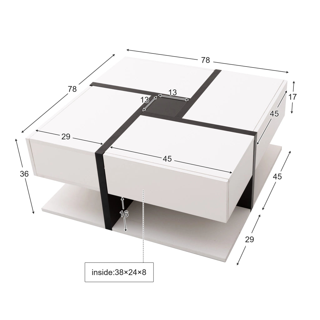 Tavolino da salotto quadrato con 4 Cassetti e Ripiano inferiore; Finitura Lucida; in Pannelli di particelle; 78 × 78 × 36 cm; Bianco