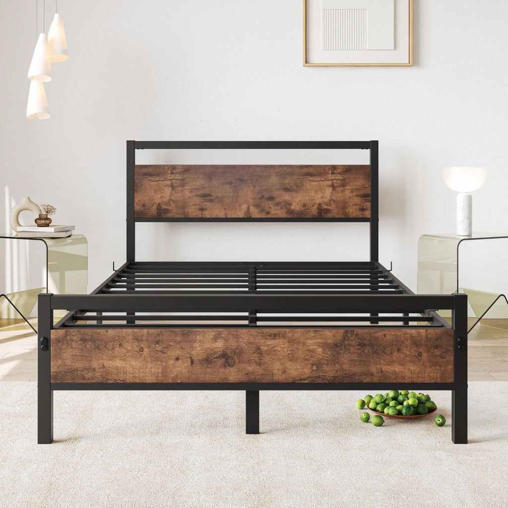 Letto singolo 140x200 cm in metallo e MDF marrone antico con rete a doghe e contenitore