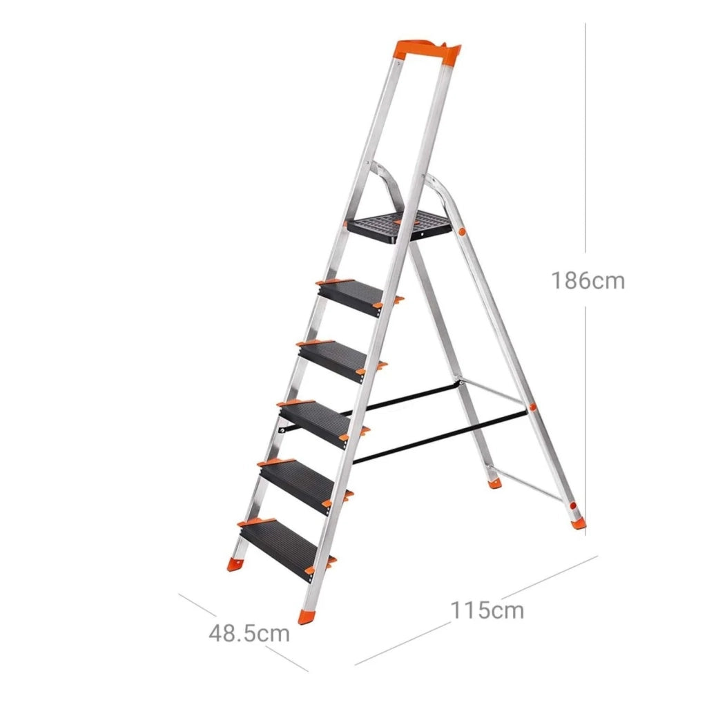 Scala a pioli in alluminio a 6 gradini larghezza gradini 12 cm pieghevole con vassoio portautensili piedini antiscivolo portata 150 kg nera 12_0001922